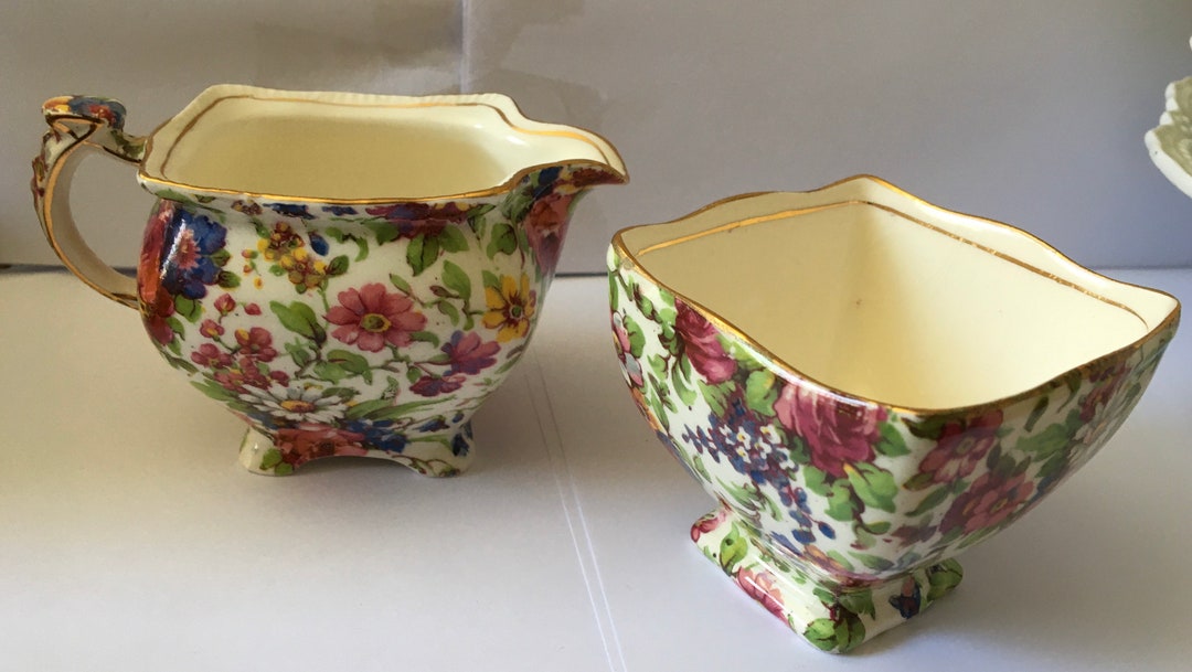 Vintage Royal Winton Summertime Chintz Footed Creamer and Sugar Set