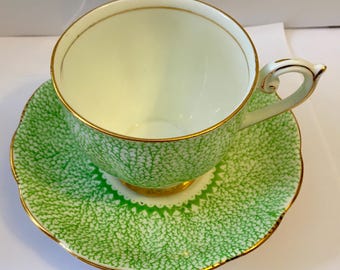 Vintage Green, White, Gold Fine Bone Bell China Tea Cup and Saucer #4332 Free Shipping :)