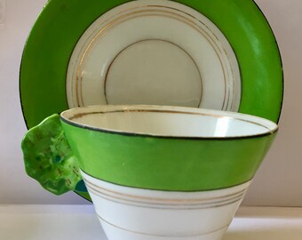 Vintage Green and Gold Tea Cup and Saucer Green Leaf Handle Unique Unmarked Free Shipping