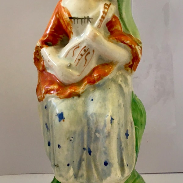 Antique 19th Century Staffordshire Pearlware Lady Holding Lute 6" Tall by 2" Wide Figurine Free Shipping