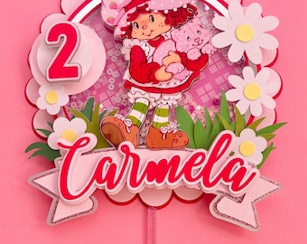 Vintage Strawberry Shortcake Cake Topper whith shaker – Retro Strawberry Birthday Party Decor – Classic Pink Cake Decoration