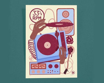 Puede incluir: Una ilustración de estilo vintage de un tocadiscos con una plataforma giratoria, un brazo de lectura y un altavoz. El tocadiscos es azul y blanco, y el disco es rojo. La ilustración está sobre un fondo crema con el texto "33 1/3 RPM" en un círculo.