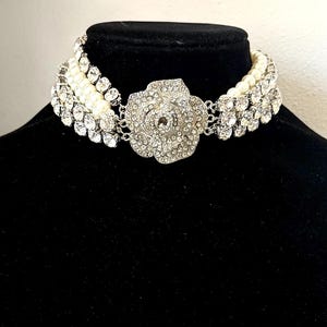 Pearl Rhinestone Camellia Choker: Bridal Statement Necklace