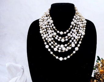 Collier multicouche de perles ivoire, collier superposé de fausses perles, collier plastron multirang