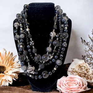 Black layered necklace, multi strand black acrylic bead and pearls necklace, bib necklace, black statement necklace, unique black necklace
