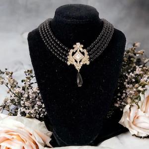 Black pearl choker with rhinestone pendant, gold choker, Victorian pearl necklace, collar necklace, black wedding necklace, gothic necklace