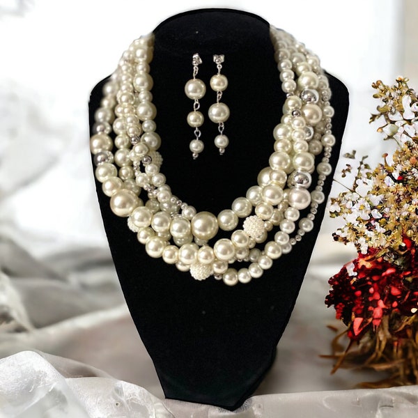 Chunky multi strand layered ivory pearl necklace, Bridesmaid Jewelry Set, Cream Layered Pearl Necklace, Big Silver Necklace, Wedding set