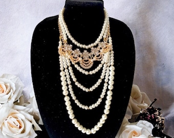 Multi strand beaded necklace gold rhinestone necklace chunky statement necklace eye cathing big necklace white glass pearl necklace set