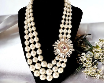 Multi Layered Pearl Necklace, Pearl Necklace with Crystal Brooch, Multi Strand Cream Acrylic Pearls, Trendy Statement Necklace