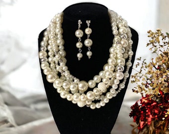 Chunky multi strand layered ivory pearl necklace, Bridesmaid Jewelry Set, Cream Layered Pearl Necklace, Big Silver Necklace, Wedding set