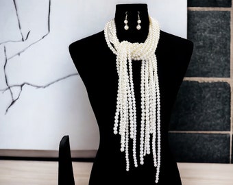 Long ivory pearl necklace, fringe multi strand cream pearl knot scarf necklace set