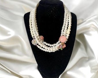 Multi Strand Pearl Choker: Pink Flower Charm Wedding Necklace