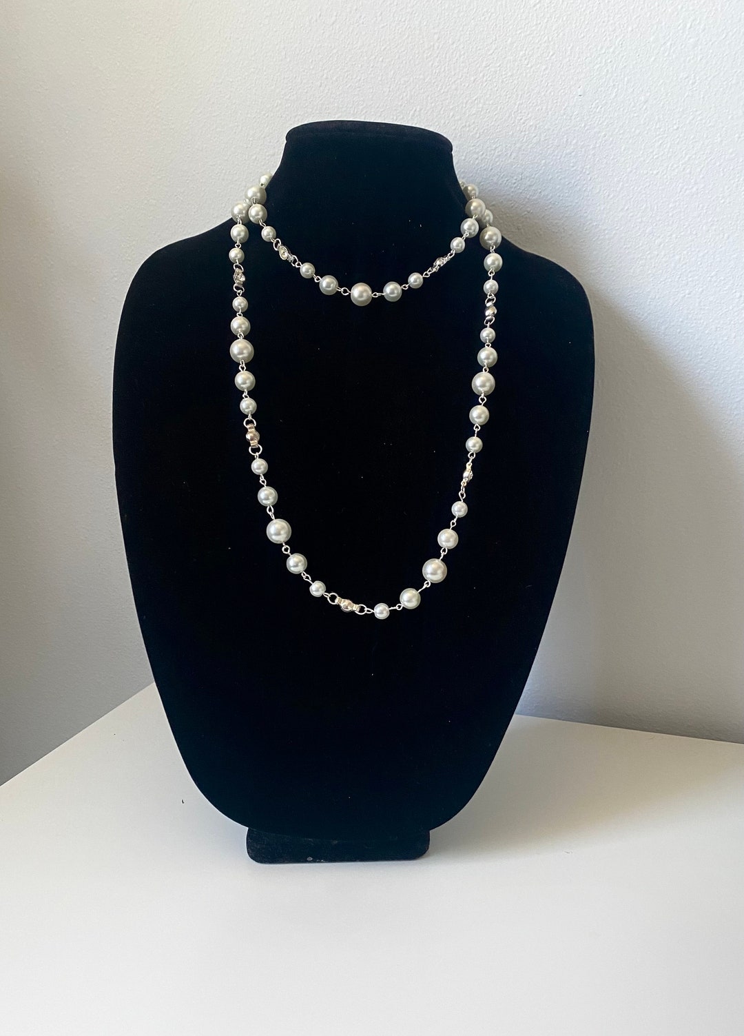 Long Pearl Necklace, Pearl and Crystal Necklace, Wedding Necklace, One Row Pearl Necklace, Gift