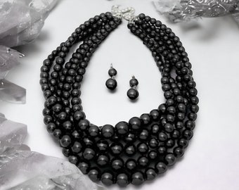 Black pearl necklace, multi strand statement black necklace, bib Pearl necklace, layered  chunky pearl jewelry, black pearl wedding necklace