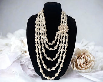 Long collier de perles avec broche en cristal, ensemble de colliers de perles crème multicouches, collier de mariage, collier de mariée multirangs, collier clapet