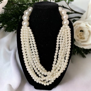 Layered multi strand cream pearl necklace set for women, bubble gum pearl statement necklace, 24&quot; ivory pearl necklace