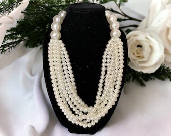 Layered multi strand cream pearl necklace set for women, bubble gum pearl statement necklace, 24" ivory pearl necklace