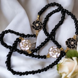 Long chunky black pearl necklace, gold camellia necklace, black and white necklace, pendant necklace, black necklace, gift for her