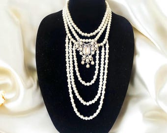 Collier ras de cou avec plusieurs rangs de perles : pendentif strass, drapé de perles
