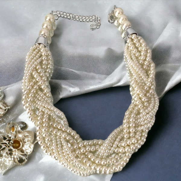 Ensemble de collier de perles, collier tressé, collier de perles ivoire, ensemble de collier de mariée torsadé, collier de mariage, collier court décontracté