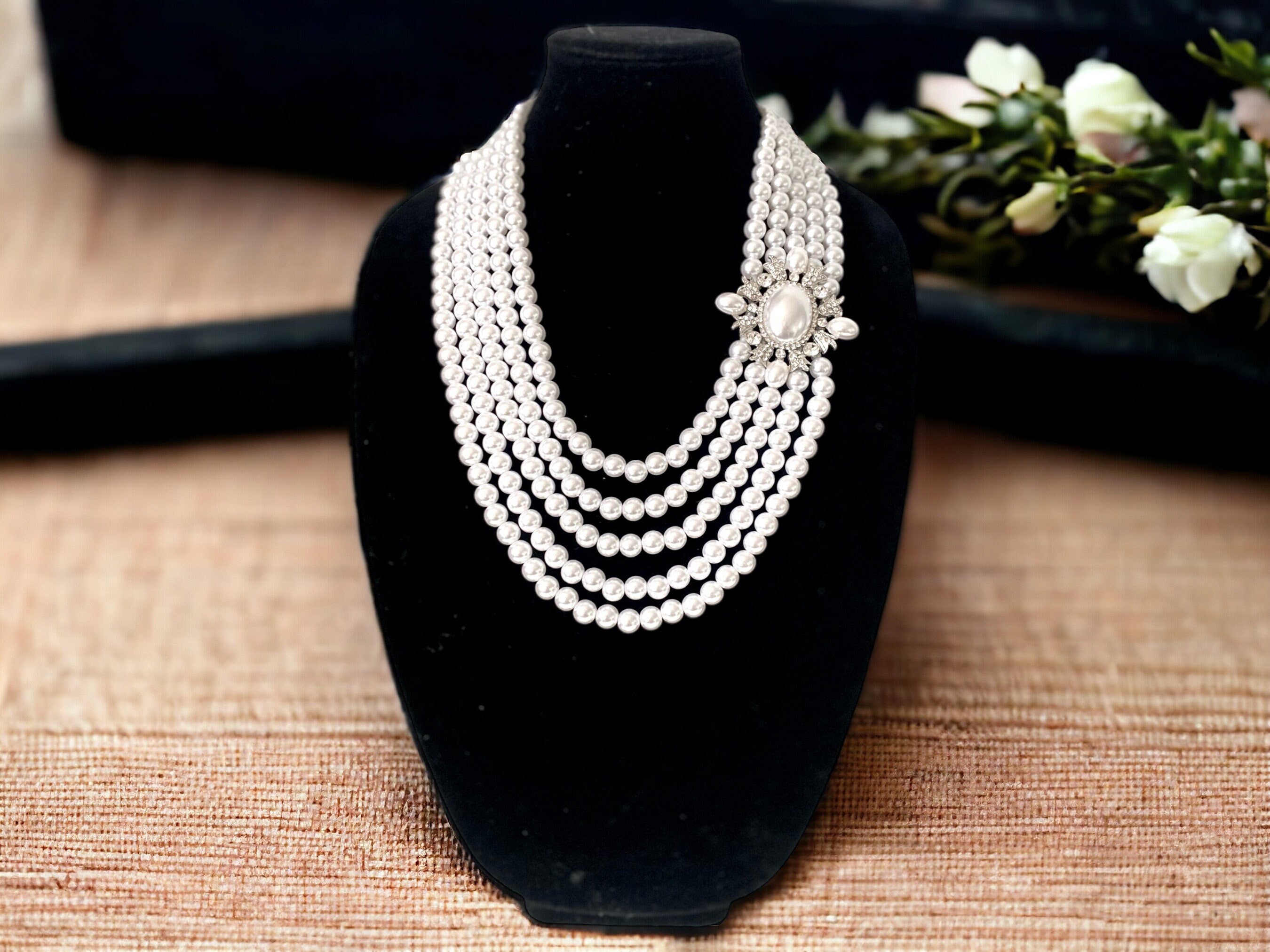 Cream 5 Strand Vintage Pearl Set, Necklace With Brooch
