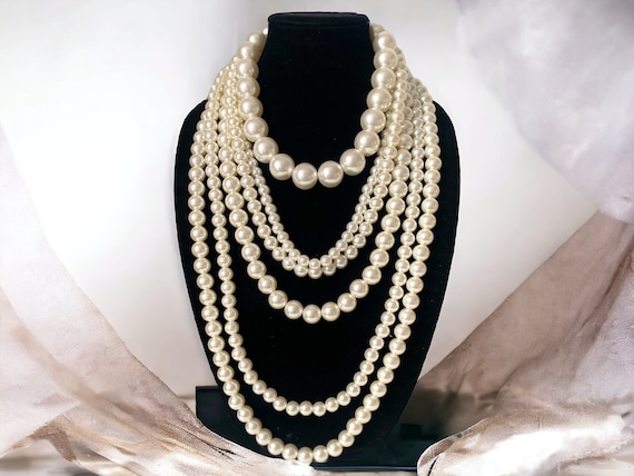 Glamorous chunky multi strand necklace, layered choker pearl necklace, cascading long bib white or ivory pearl jewelry set for women