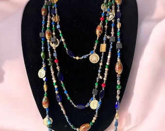 Multi-Strand Colorful Boho Necklace – Chunky Long Beaded Statement Necklace with Earrings