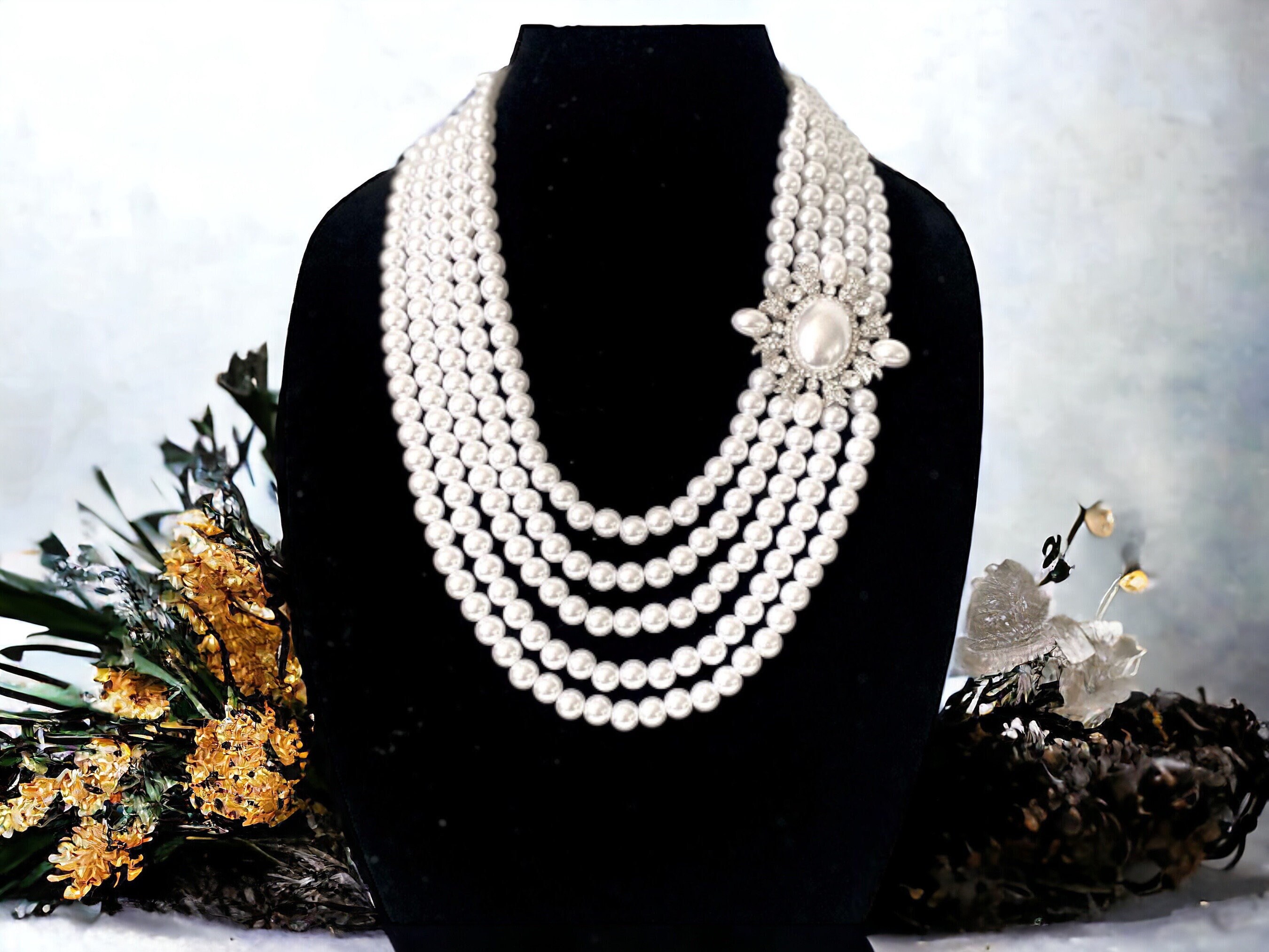Cream 5 Strand Vintage Pearl Set, Necklace With Brooch