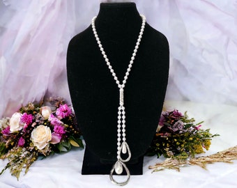 Silver Teardrop Pearl Necklace, Long white acrylic pearl necklace with metal silver pendants, beaded pearl necklace,