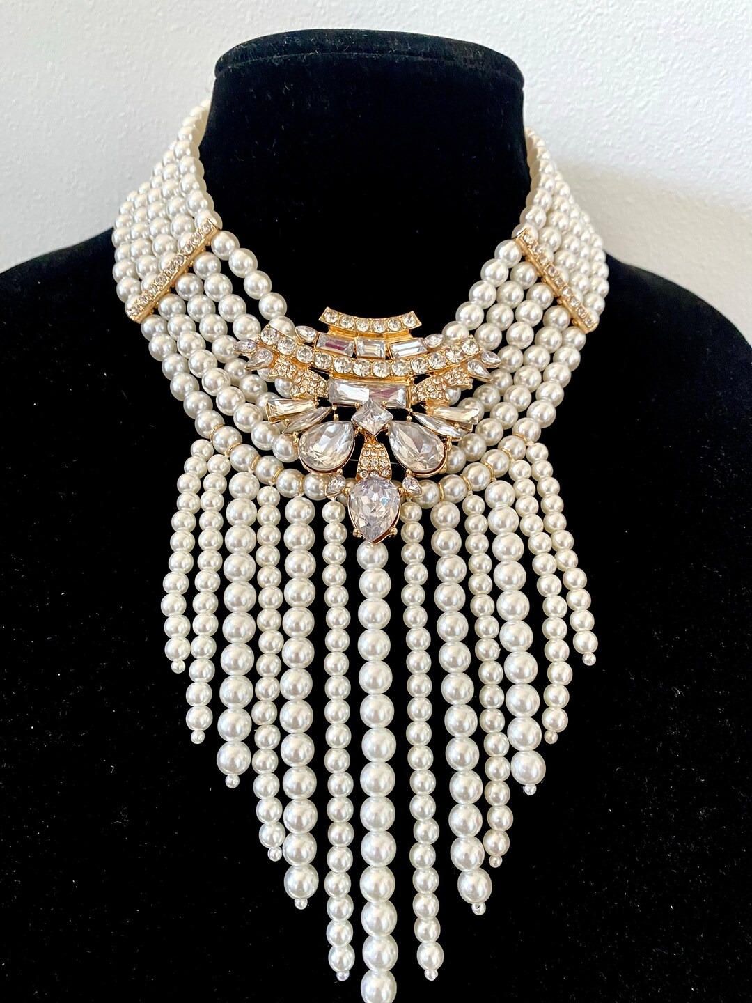 Statement Multi Layered Pearl Choker Necklace With Gold Pendant, Multi