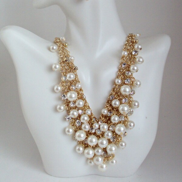 Bib Pearl Necklace, Ivory Pearl and Crystal Necklace, Cluster Pearl Necklace, Wedding Necklace Set