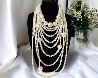 Big bold pearl bib necklace, Ivory chunky big layered necklace, acrylic trendy multi strand necklace, Oversize statement necklace