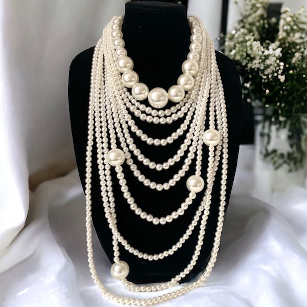 Big bold pearl bib necklace, Ivory chunky big layered necklace, acrylic trendy multi strand necklace, Oversize statement necklace