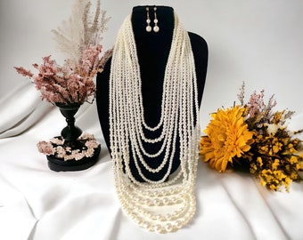 Multi Strand Pearl Necklace, Multi Layers Long Beaded Cream Faux Pearl Necklace, Pearl Layered Necklace, Great Gatsby Long Drape Necklace,