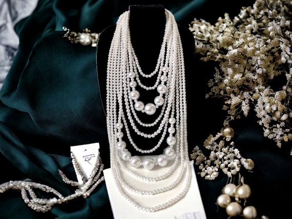 Collana Lunga Con Perline Grandi In Vetro Nero E Cristallo - Foto 3