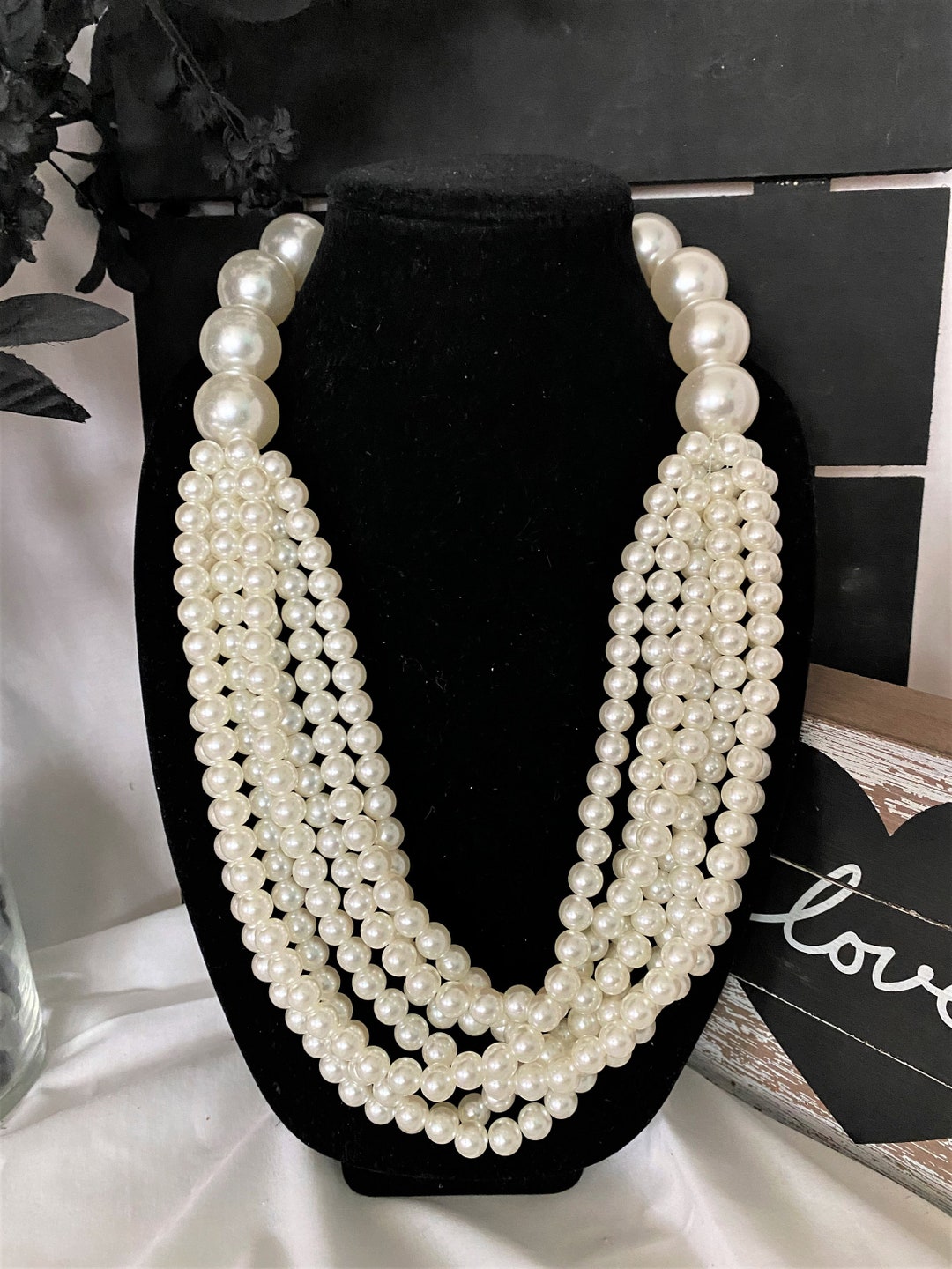 Fashion 21 Women's Ten Multi-Strand Simulated Pearl Statement Necklace and  Earrings Set in Cream Color
