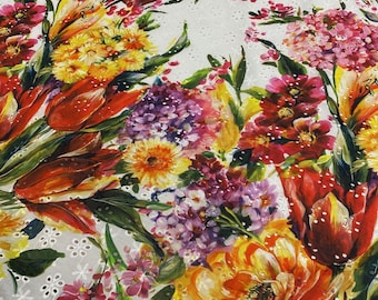 Italienischer Baumwollbatist Sangallo Stickerei Stoff in weiß bunt Designerstoff mit Blumen und Lochstickerei Frühlingsblumen
