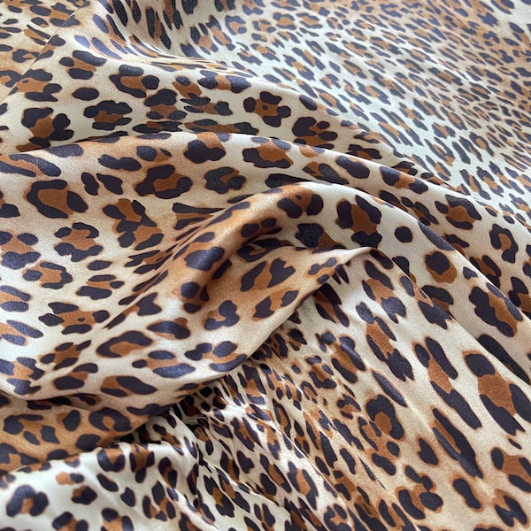 Seidensatin elastisch beige braun animal Leopard elastisch - italienischer Designerstoff exklusive Stoffe