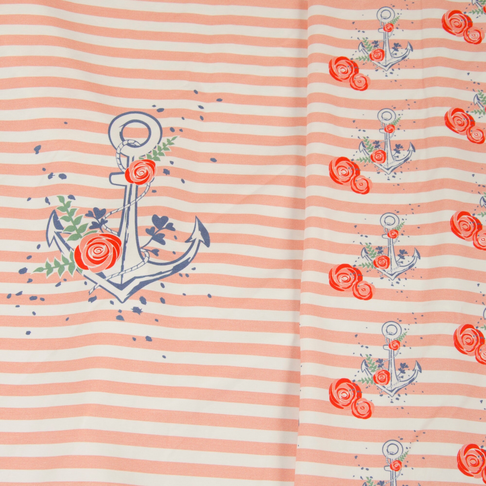 Hilco Jersey Anchor Panel salmon anchor roses stripes Panel 90 x 150 cm