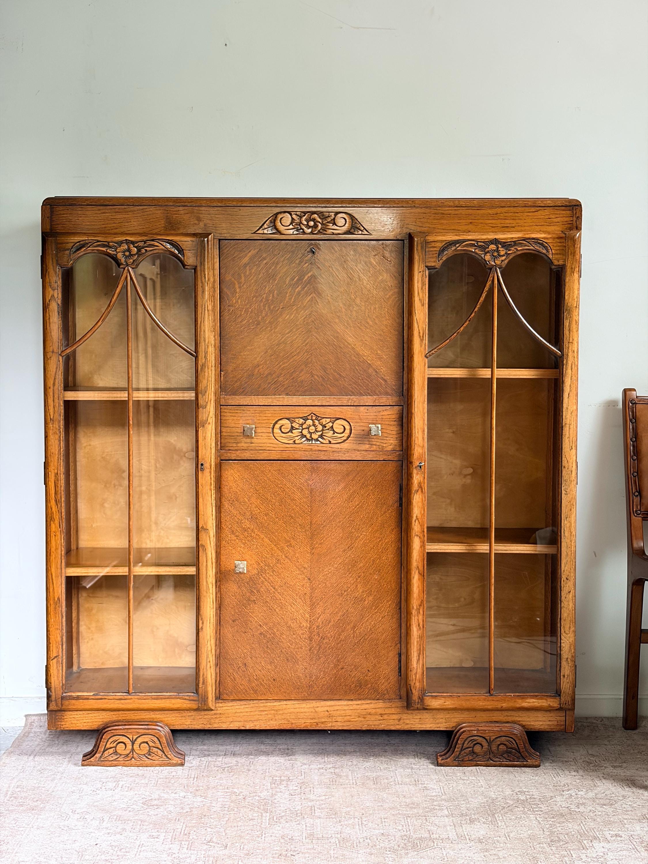 Vintage Mid Century Bureau Bookcase Display Cabinet Art Deco