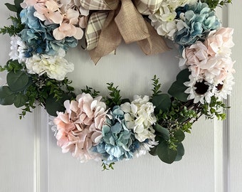 SHOP CLOSING! Priced to sell! Front door wreath with evergreens and hydrangea, year round wreath, floral wreath