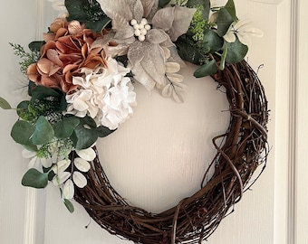 SHOP CLOSING! Priced to sell! Front door artificial Christmas wreath with glittery flowers and evergreens, holiday floral wreath