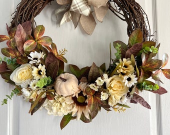 SHOP CLOSING! Priced to sell! Ready to ship Fall front door wreath with floral and velvet pumpkins, Autumn, fall decor, fall decoration