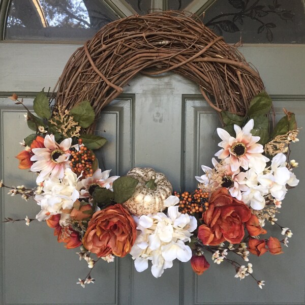 STORE CLOSING-ready to ship! Fall grapevine floral wreath with metallic pumpkin and burlap bow, front door wreath, door wreath, fall wreath