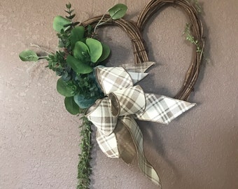 SHOP CLOSING! Priced to sell! Farmhouse wreath with artificial evergreens on heart wreath, Valentines day, gift idea, farmhouse decor