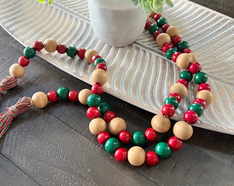 SHOP CLOSING! Sale! Boho Christmas wood bead garland with tassel, tiered tray beads, Christmas tiered tray, holiday decor