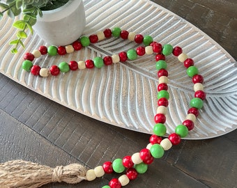 SHOP CLOSING! Sale! Boho Christmas wood bead garland with tassel, tiered tray beads, Christmas tiered tray, holiday decor