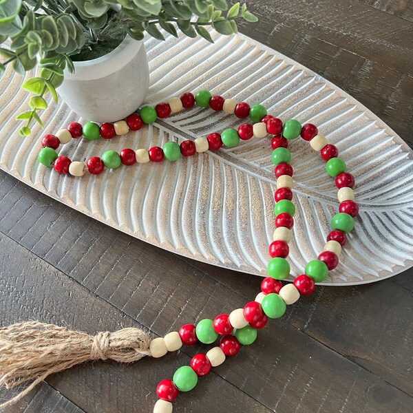 SHOP CLOSING! Sale! Boho Christmas wood bead garland with tassel, tiered tray beads, Christmas tiered tray, holiday decor