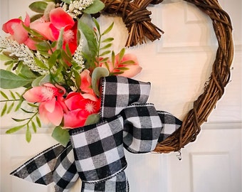 SHOP CLOSING! Priced to sell! Ready to ship heart wreath with artificial flowers and evergreens, Valentines Day, farmhouse decor