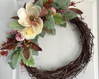 SHOP CLOSING! Priced to sell! Ready to ship Fall front door wreath with magnolia, pink velvet pumpkins, Autumn, fall decor, fall decoration